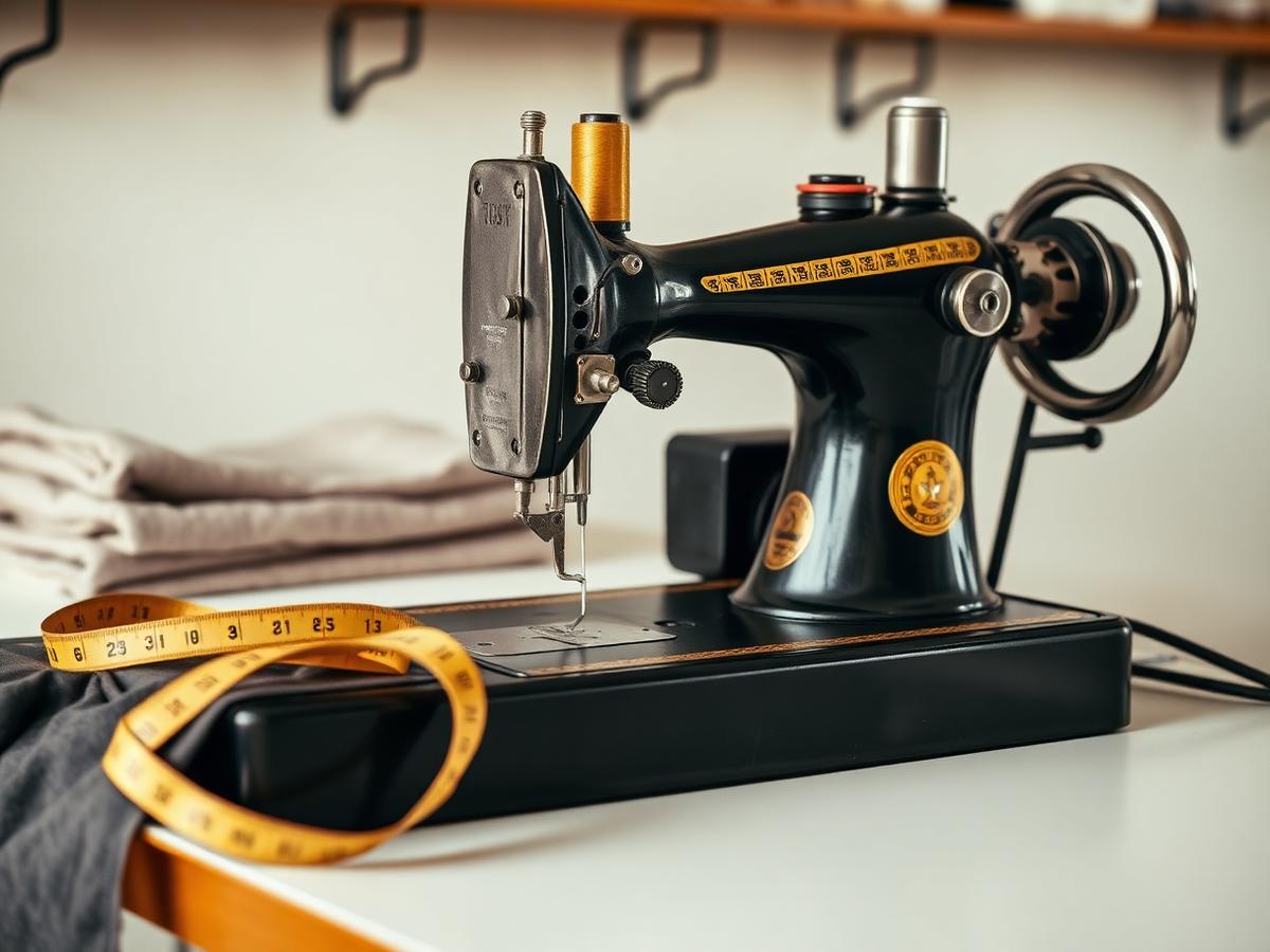 Vintage sewing machine, tape measure, and folded fabric