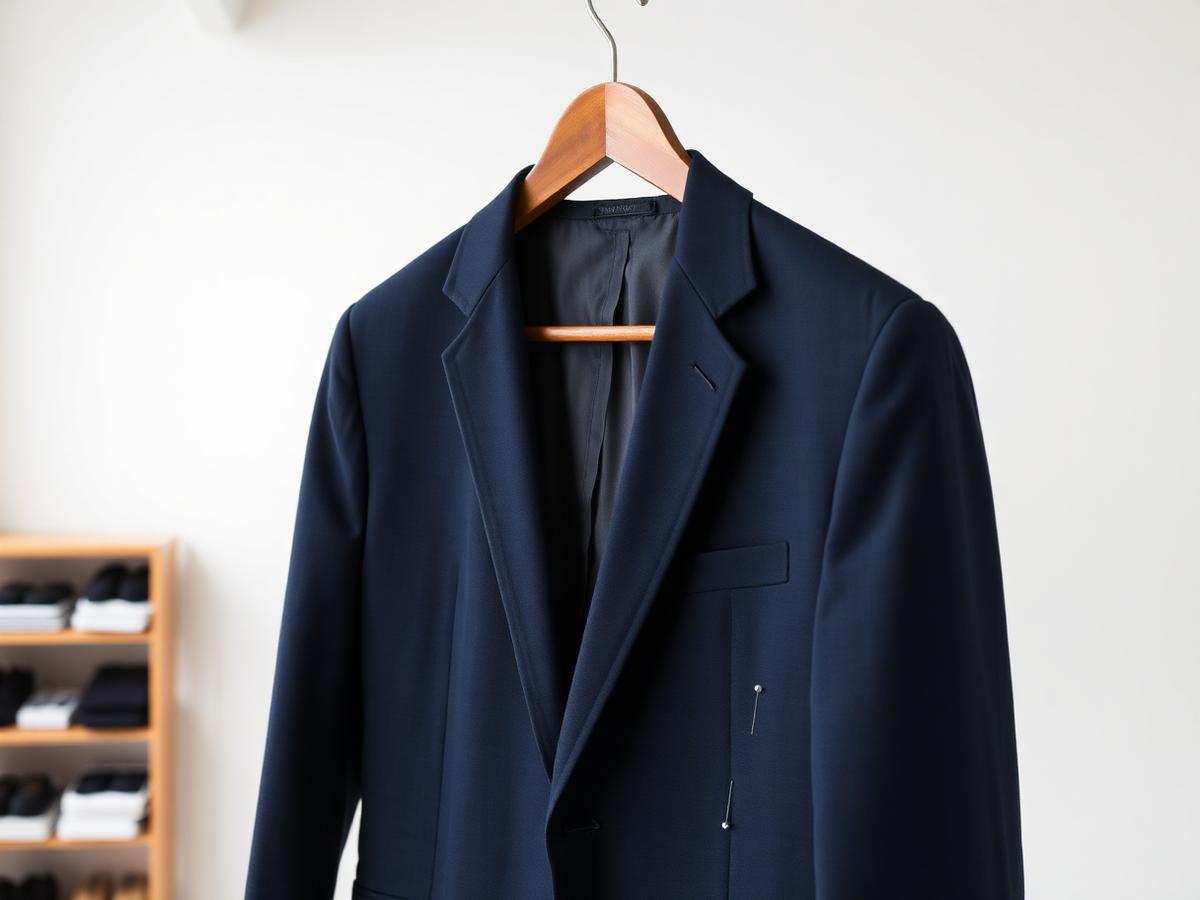 Navy suit jacket with chalk marks and pins for alteration
